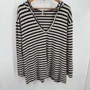 Emma & Sam Womens Hoodie Medium Black White Striped Distressed‎ V-Neck Grunge